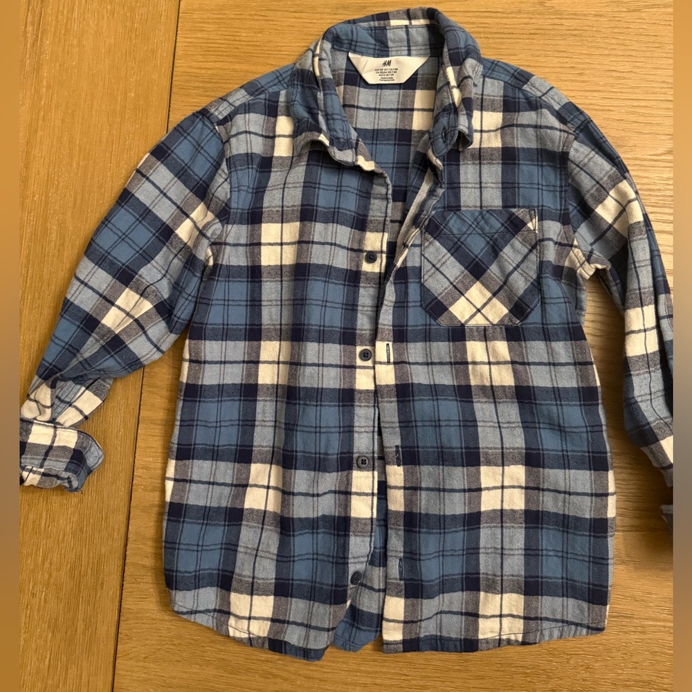 H&M Navy and Cream Boys Flannel Shirt 7/8